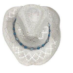Womens White Paper Cowboy Hat With Aqua Beaded Detail